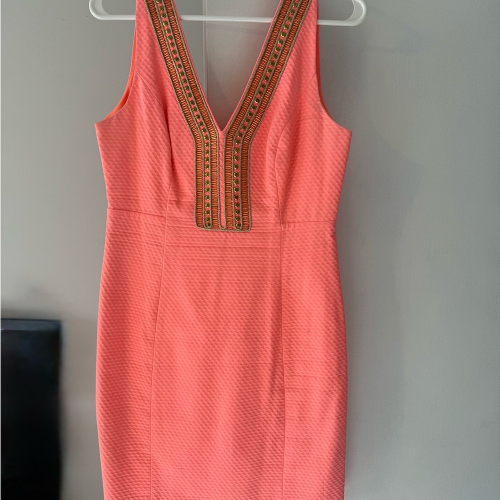 Lily Pulitzer Coral Sleeveless Dress with Embroidered V-Neck